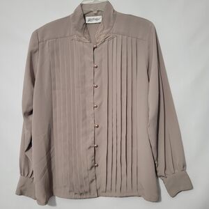 Yves St. Clair Embroidered Pearl Style Button Down Pleated Tan Blouse Ladies 12